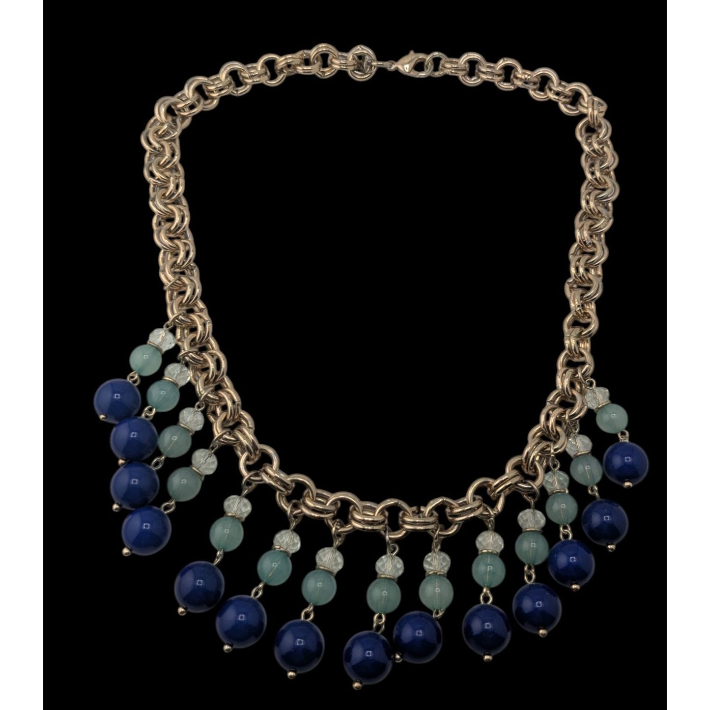 Glam Vintage Ann Taylor Blue Beaded Fringe Gold Tone Statement Necklace