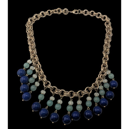 Glam Vintage Ann Taylor Blue Beaded Fringe Gold Tone Statement Necklace