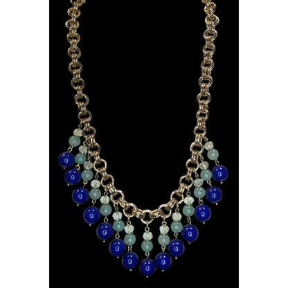 Glam Vintage Ann Taylor Blue Beaded Fringe Gold Tone Statement Necklace