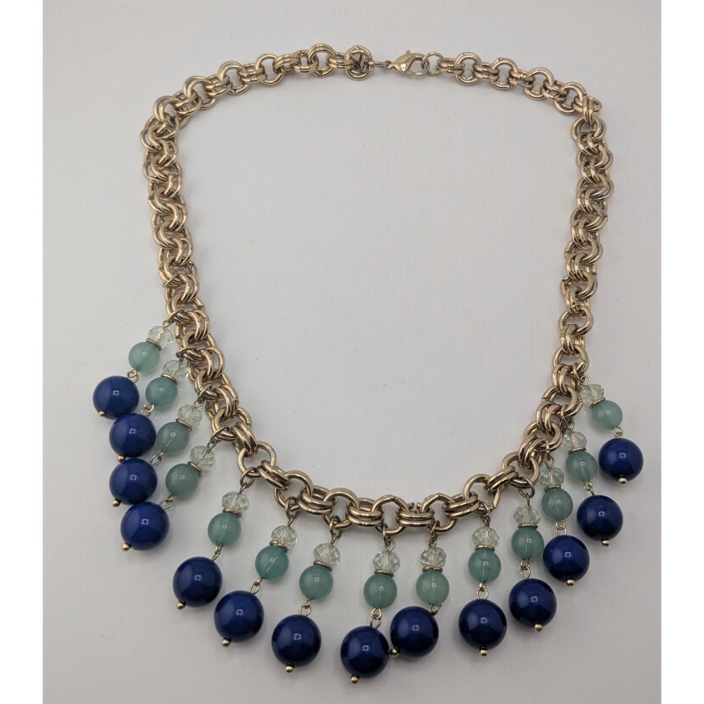 Glam Vintage Ann Taylor Blue Beaded Fringe Gold Tone Statement Necklace