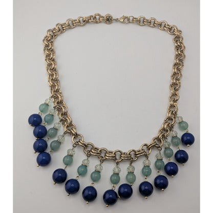 Glam Vintage Ann Taylor Blue Beaded Fringe Gold Tone Statement Necklace