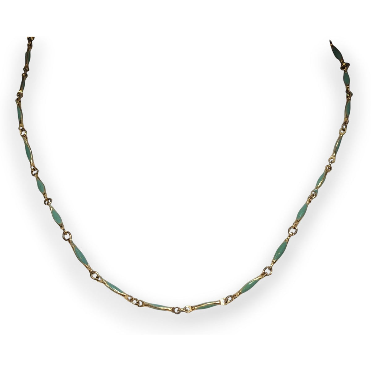 Minimalist Dainty Gold Tone Turquoise Enamel Link Necklace 15 Inch