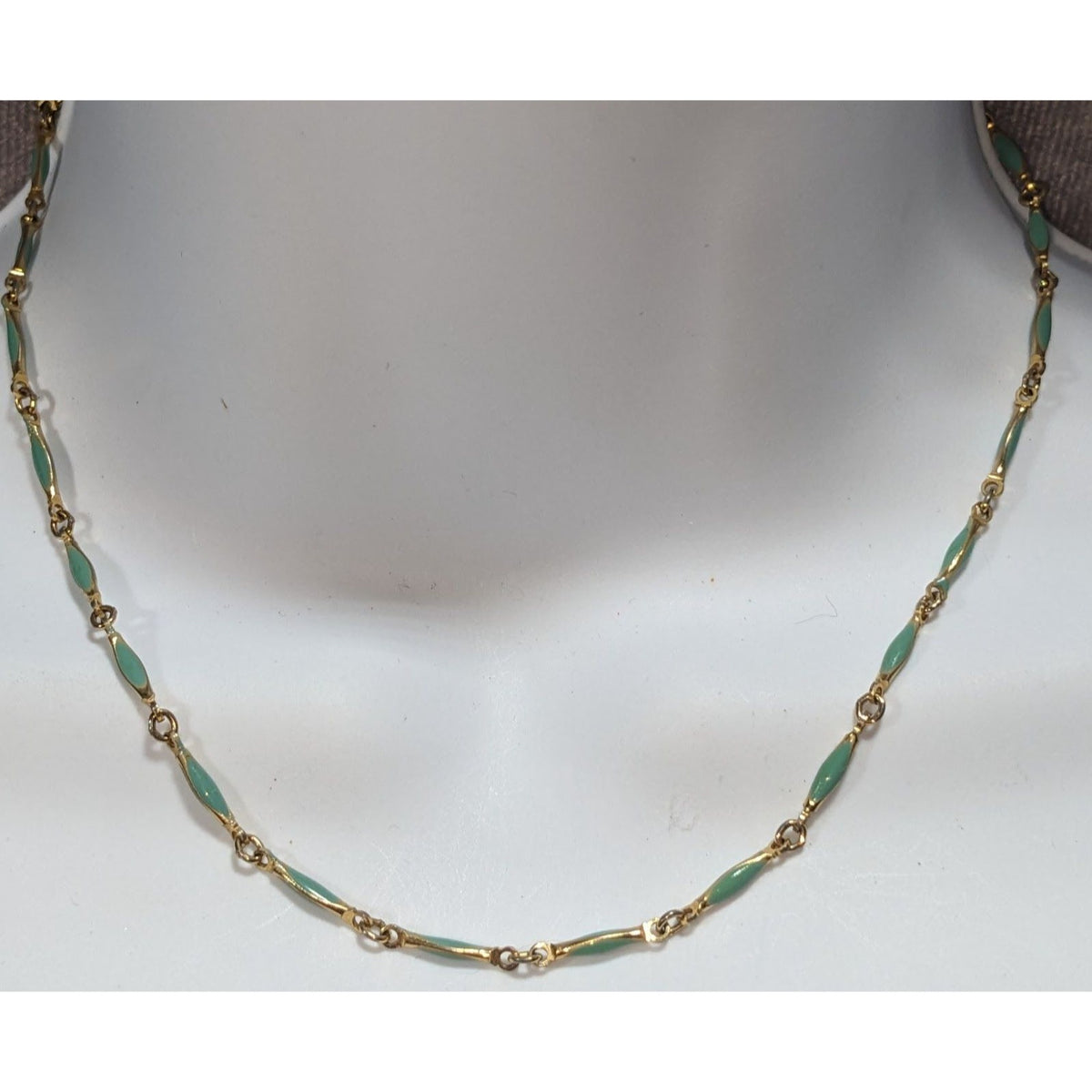 Minimalist Dainty Gold Tone Turquoise Enamel Link Necklace 15 Inch