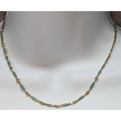 Minimalist Dainty Gold Tone Turquoise Enamel Link Necklace 15 Inch