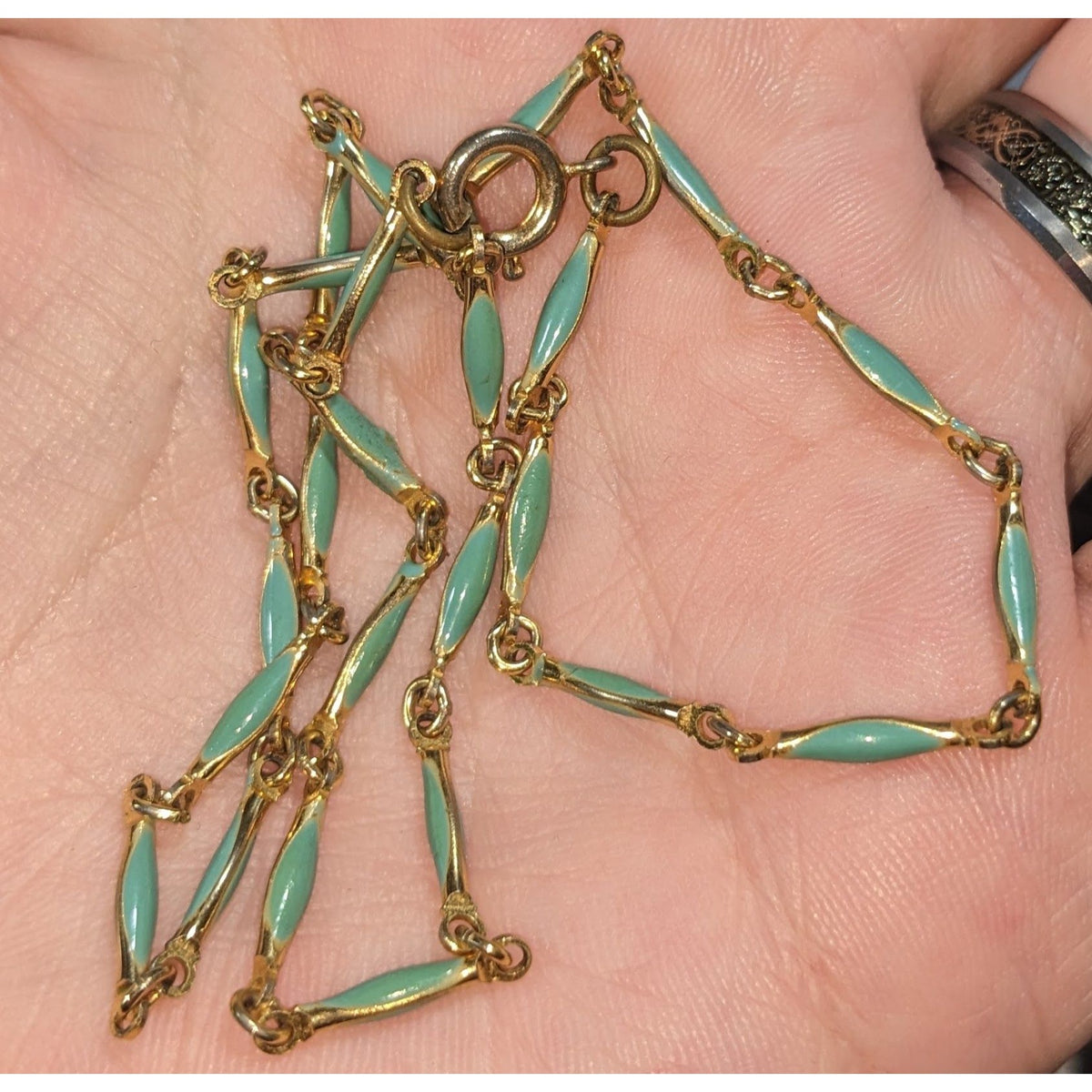 Minimalist Dainty Gold Tone Turquoise Enamel Link Necklace 15 Inch