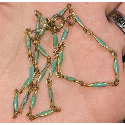 Minimalist Dainty Gold Tone Turquoise Enamel Link Necklace 15 Inch