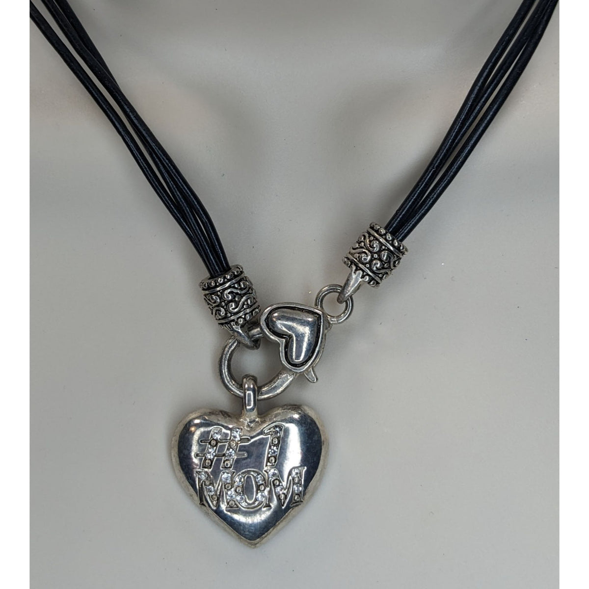 Y2K Momcore Glam #1 Mom Rhinestone Heart Black Cord Necklace