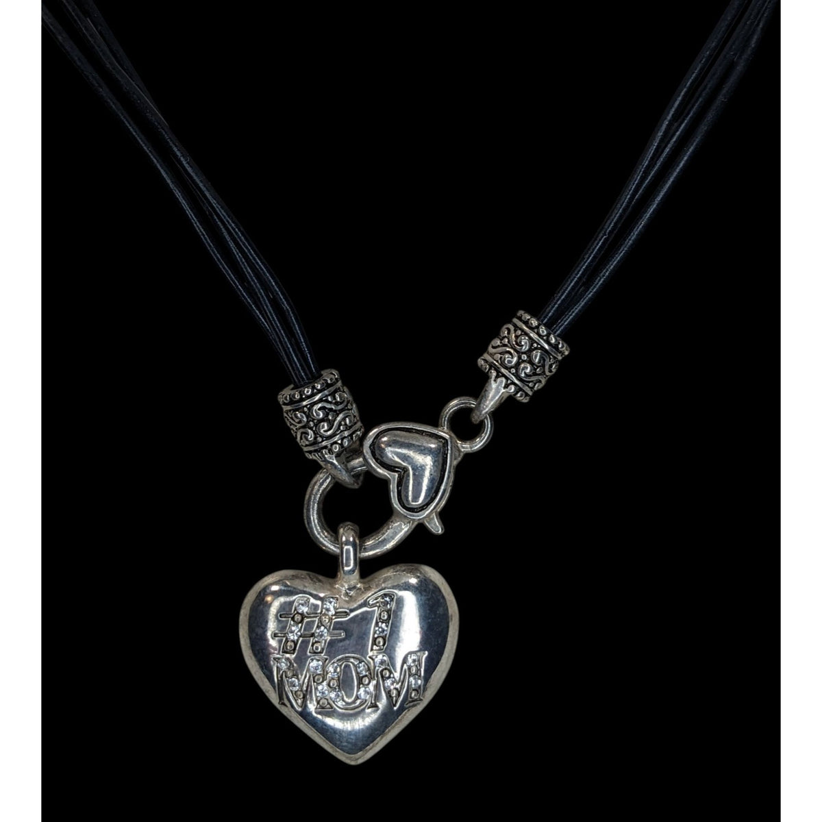 Y2K Momcore Glam #1 Mom Rhinestone Heart Black Cord Necklace