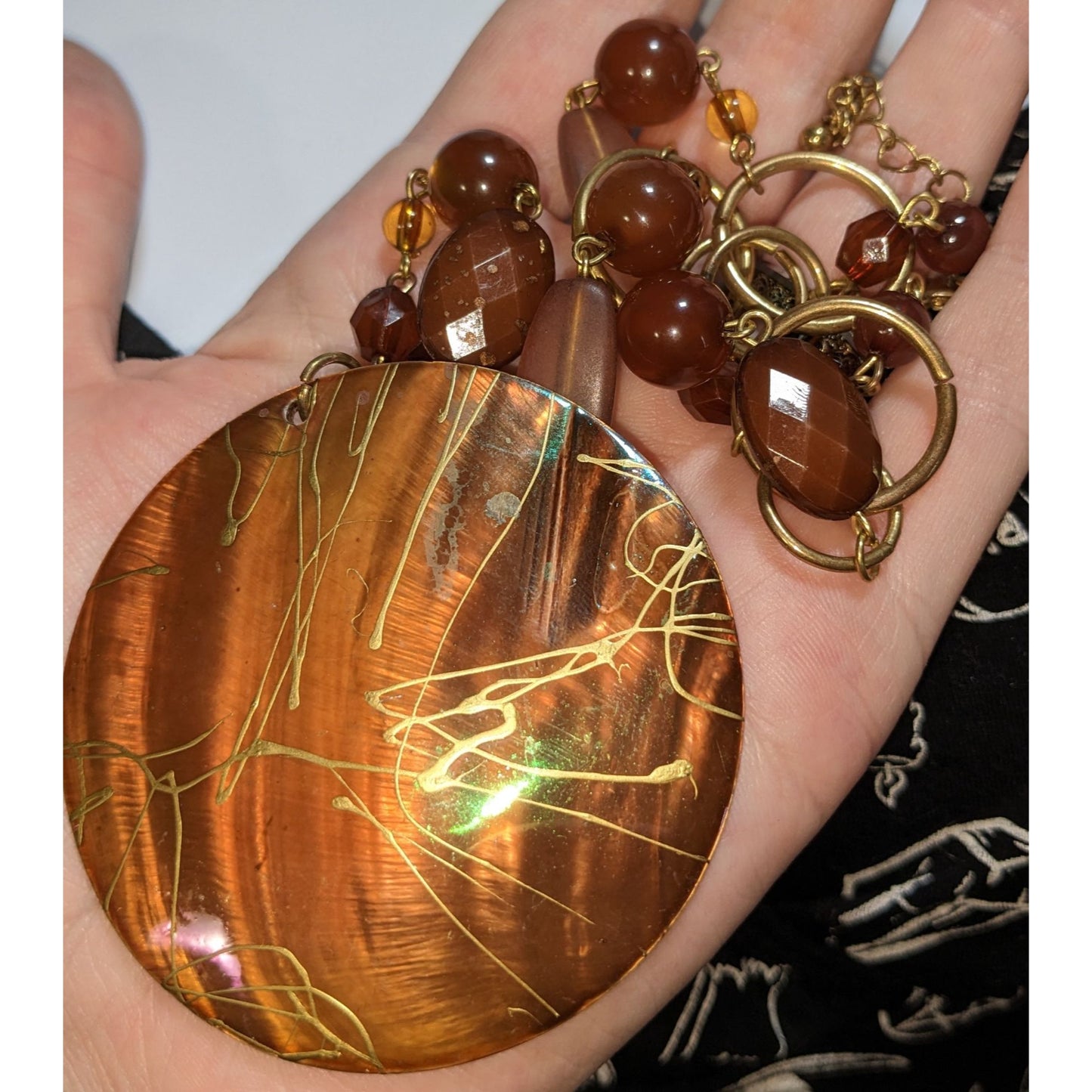 Brown Statement Pendant Necklace Boho Acrylic Disc Gold Tone Beaded Artisan Style