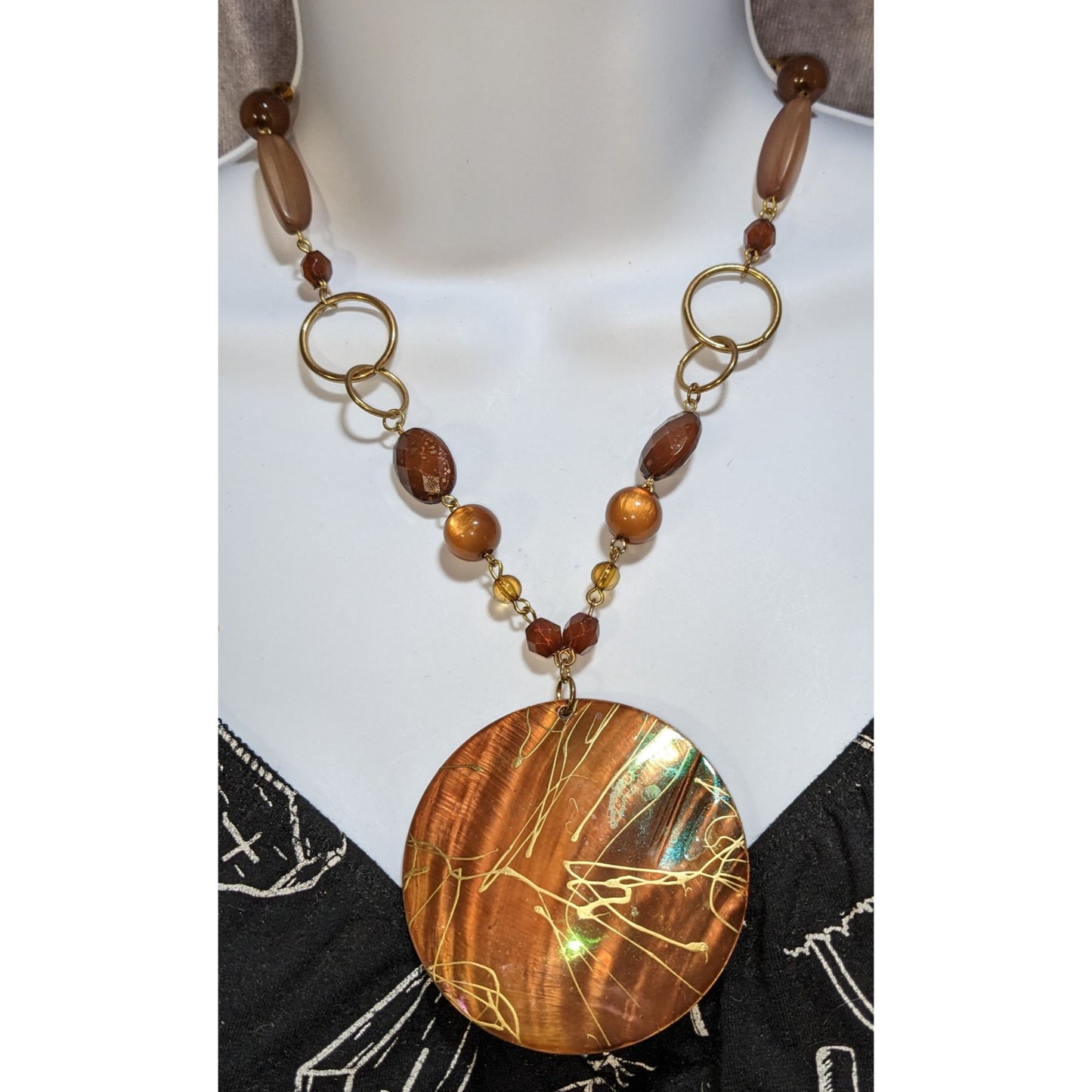 Brown Statement Pendant Necklace Boho Acrylic Disc Gold Tone Beaded Artisan Style