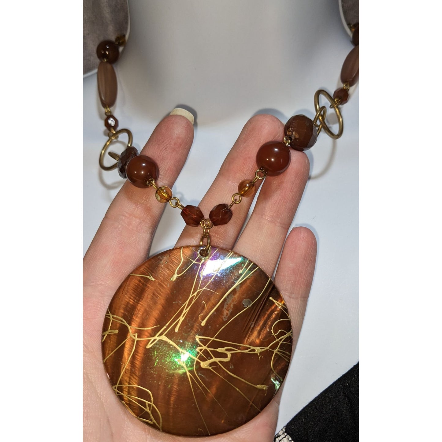 Brown Statement Pendant Necklace Boho Acrylic Disc Gold Tone Beaded Artisan Style