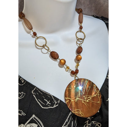 Brown Statement Pendant Necklace Boho Acrylic Disc Gold Tone Beaded Artisan Style
