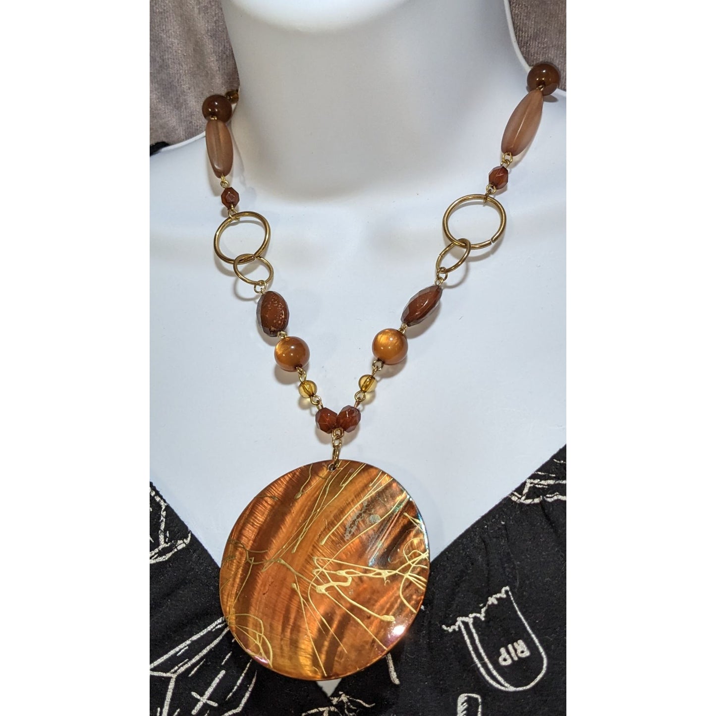 Brown Statement Pendant Necklace Boho Acrylic Disc Gold Tone Beaded Artisan Style