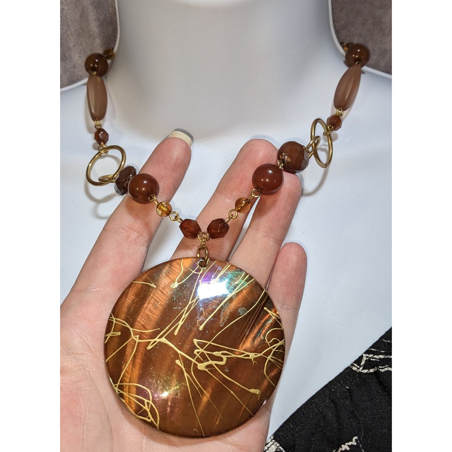 Brown Statement Pendant Necklace Boho Acrylic Disc Gold Tone Beaded Artisan Style