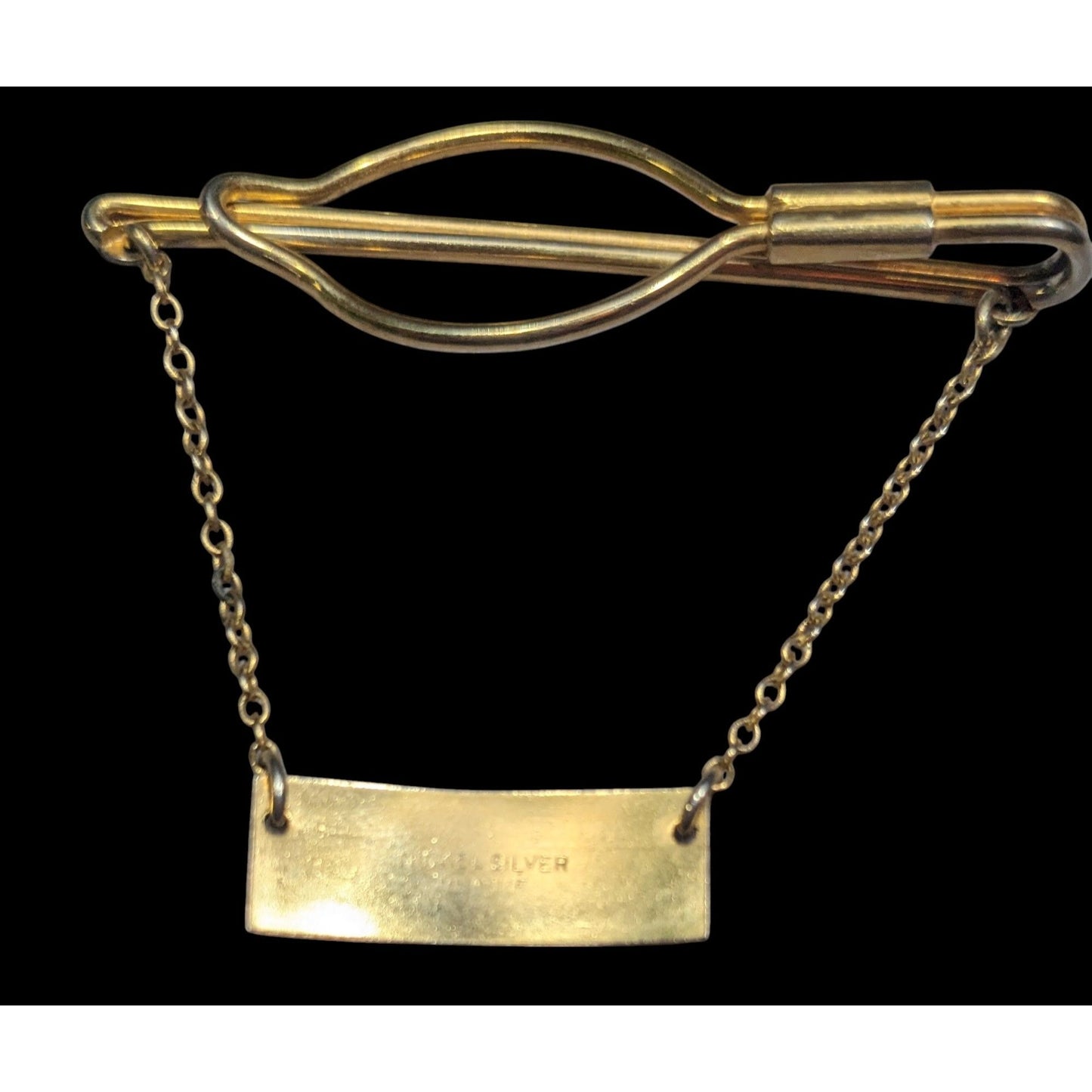 Vintage Nickel Silver Gold Tone Tie Bar And Chain