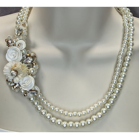 Vintage Handmade Faux Pearl Necklace With Floral Embellishments