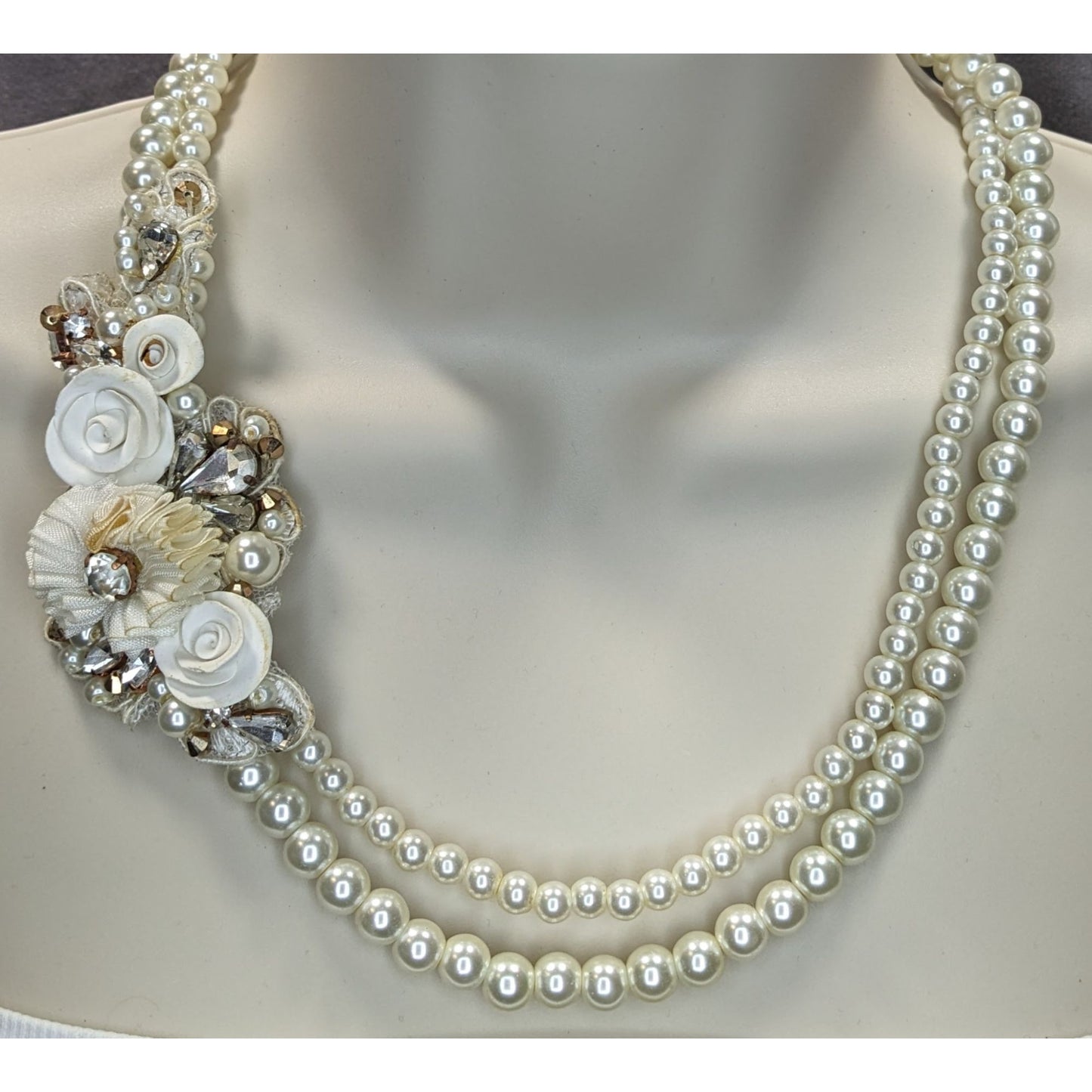 Vintage Handmade Faux Pearl Necklace With Floral Embellishments