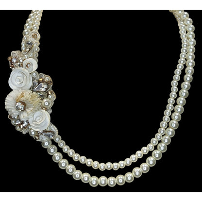 Vintage Handmade Faux Pearl Necklace With Floral Embellishments