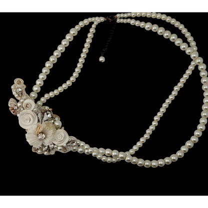 Vintage Handmade Faux Pearl Necklace With Floral Embellishments