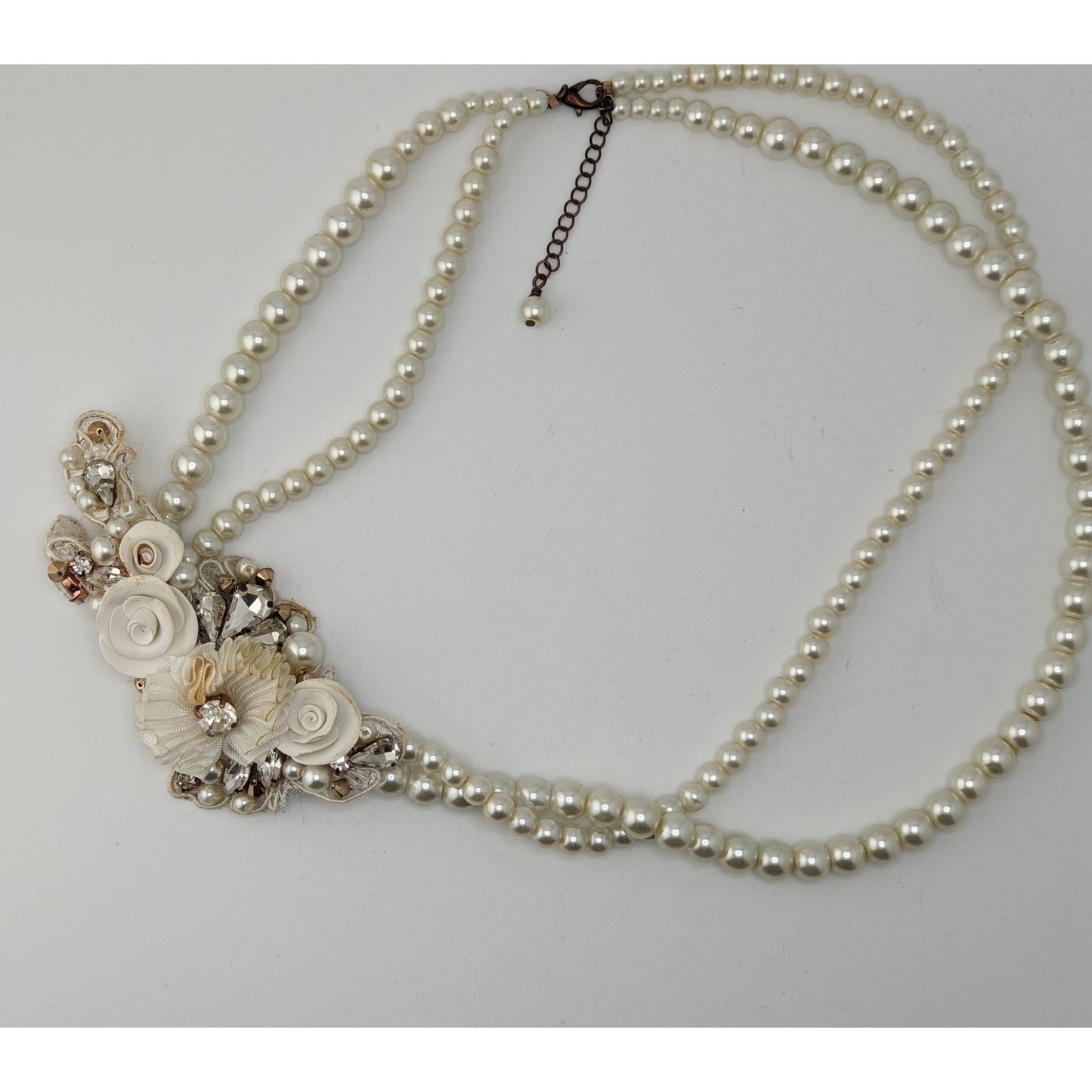 Vintage Handmade Faux Pearl Necklace With Floral Embellishments