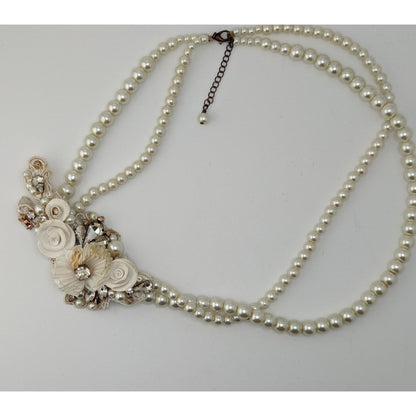 Vintage Handmade Faux Pearl Necklace With Floral Embellishments