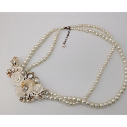 Vintage Handmade Faux Pearl Necklace With Floral Embellishments
