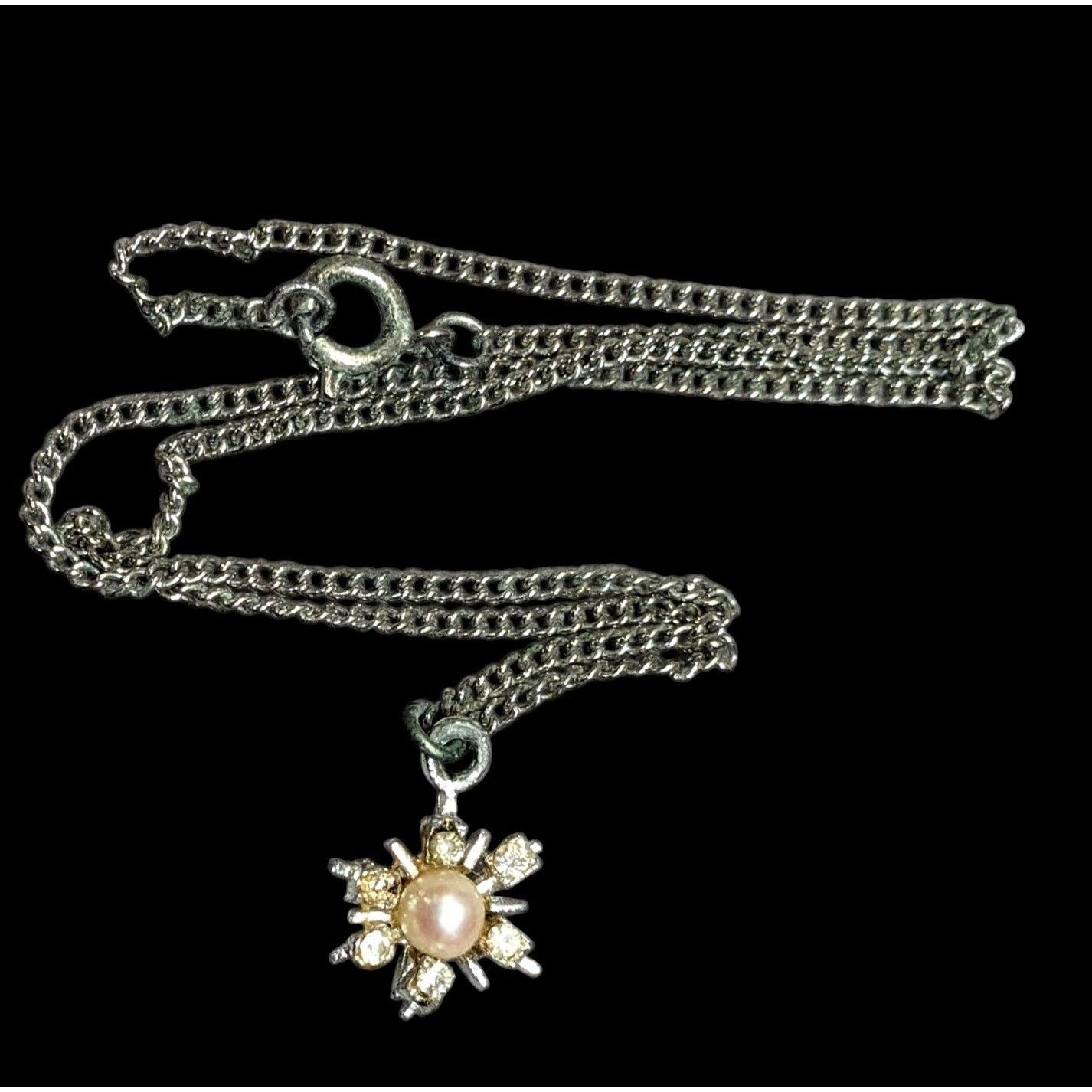 Vintage Sunburst Rhinestone And Faux Pearl Pendant Necklace