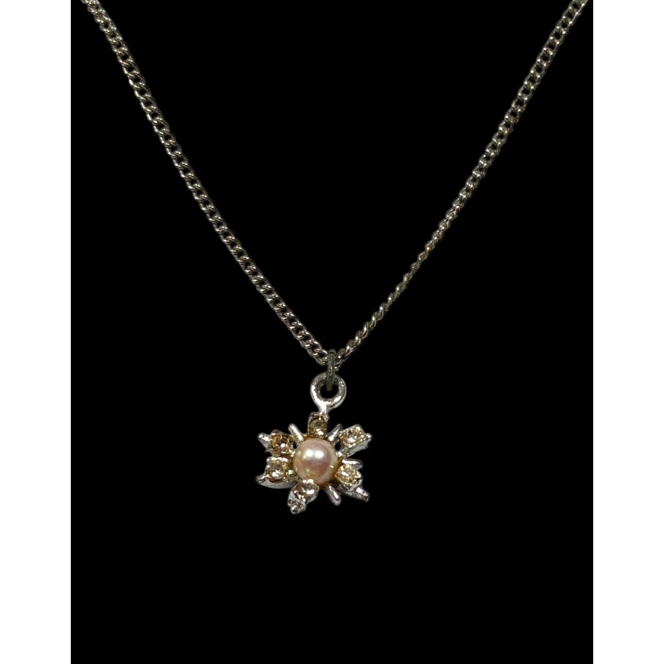Vintage Sunburst Rhinestone And Faux Pearl Pendant Necklace