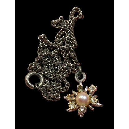 Vintage Sunburst Rhinestone And Faux Pearl Pendant Necklace