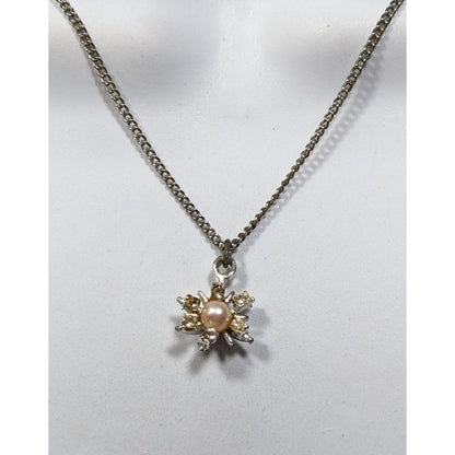 Vintage Sunburst Rhinestone And Faux Pearl Pendant Necklace