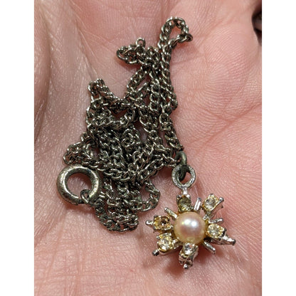 Vintage Sunburst Rhinestone And Faux Pearl Pendant Necklace