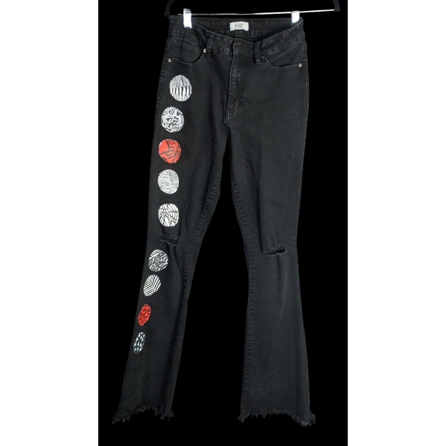 Upcycled 21 Pilots Hand-Painted YMI Black Flare Jeans With 21 Pilots-Inspired Art Size 9/29 Custom Frayed Hem