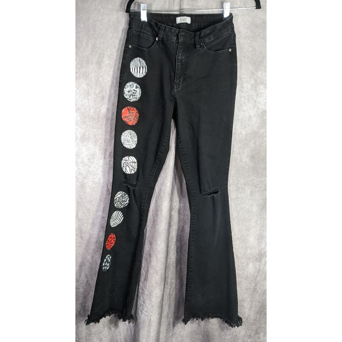 Upcycled 21 Pilots Hand-Painted YMI Black Flare Jeans With 21 Pilots-Inspired Art Size 9/29 Custom Frayed Hem