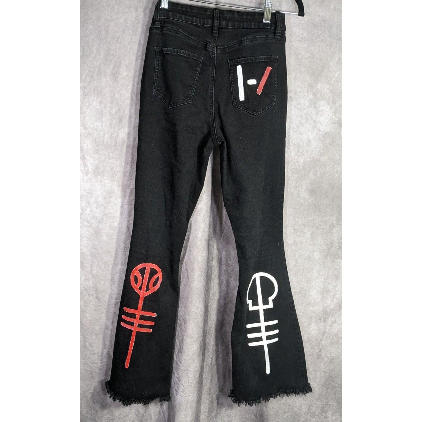 Upcycled 21 Pilots Hand-Painted YMI Black Flare Jeans With 21 Pilots-Inspired Art Size 9/29 Custom Frayed Hem