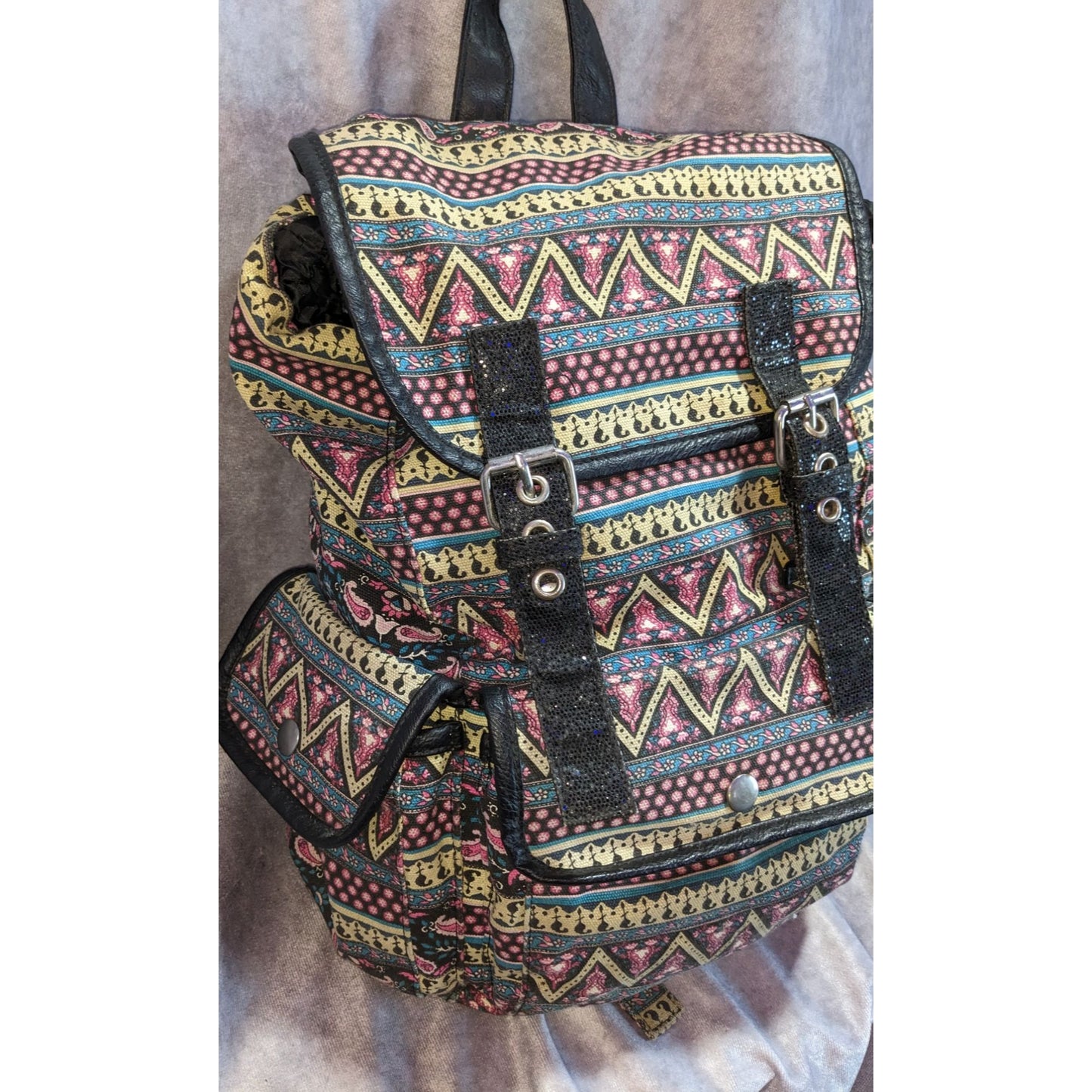 Boho Vintage Candie's Tribal Print Canvas Backpack Faux Leather Festival Bag