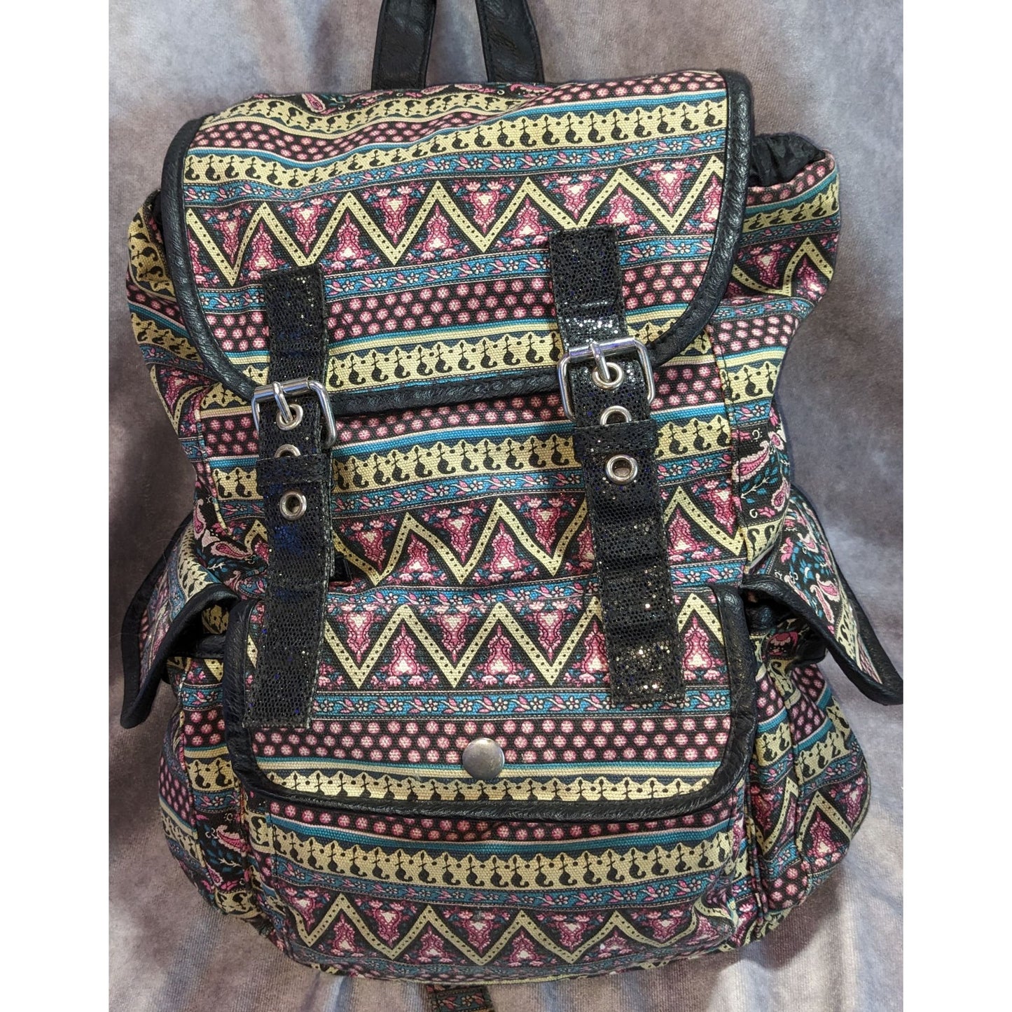 Boho Vintage Candie's Tribal Print Canvas Backpack Faux Leather Festival Bag