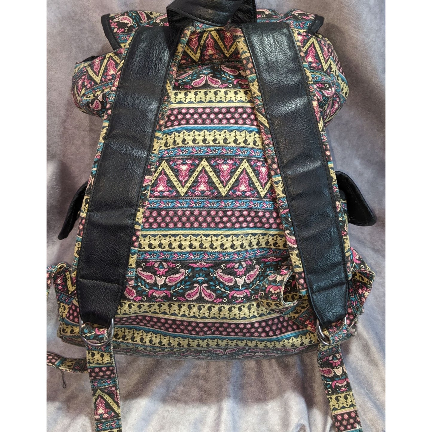 Boho Vintage Candie's Tribal Print Canvas Backpack Faux Leather Festival Bag