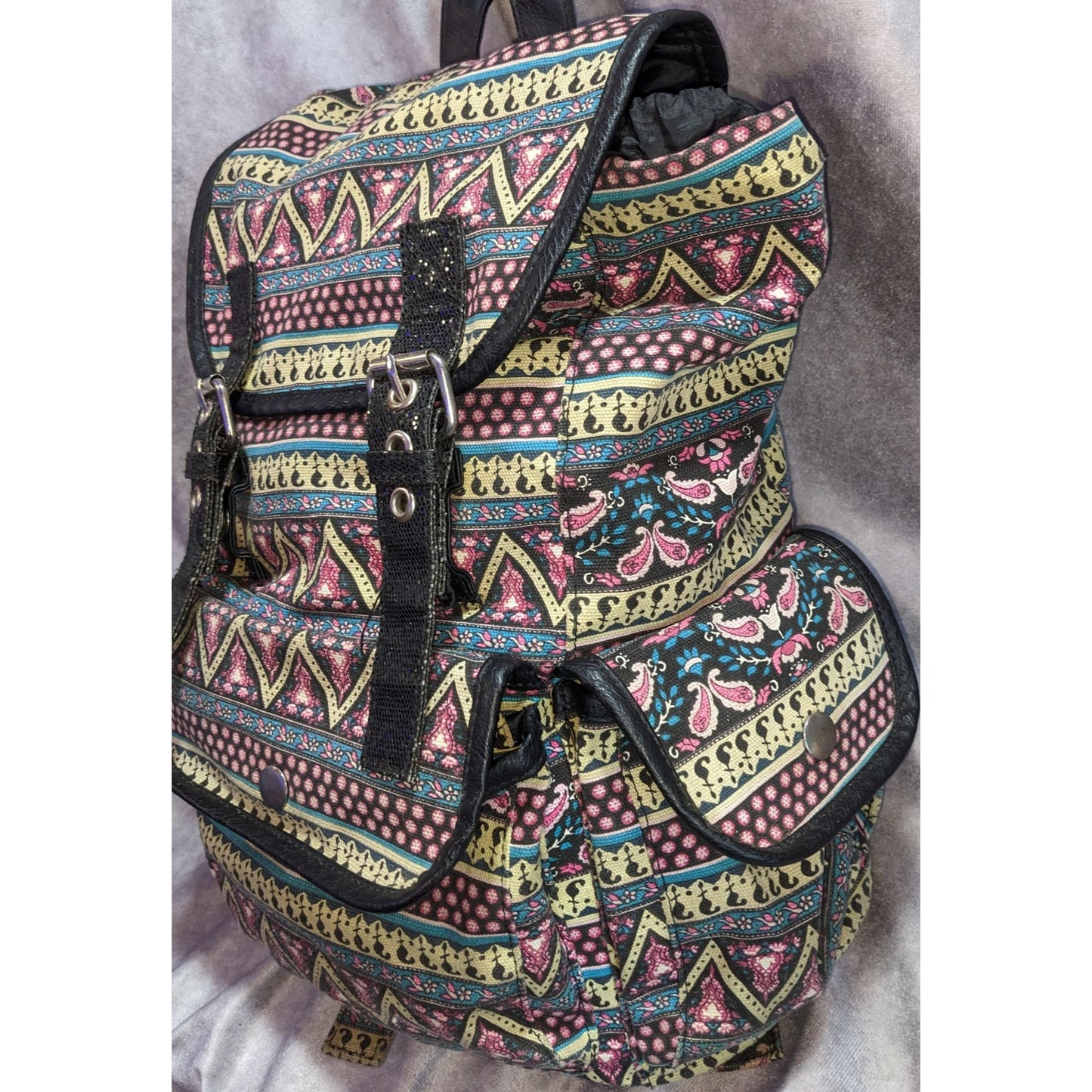 Boho Vintage Candie's Tribal Print Canvas Backpack Faux Leather Festival Bag