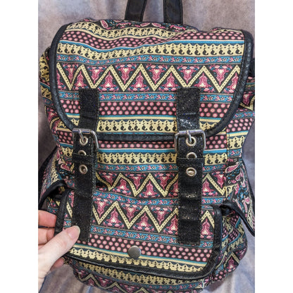 Boho Vintage Candie's Tribal Print Canvas Backpack Faux Leather Festival Bag