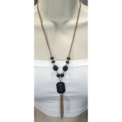 Gold-Tone Chain Necklace With Black Beads And Tassel Pendant