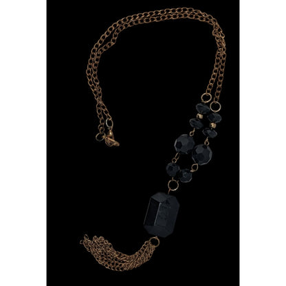 Gold-Tone Chain Necklace With Black Beads And Tassel Pendant