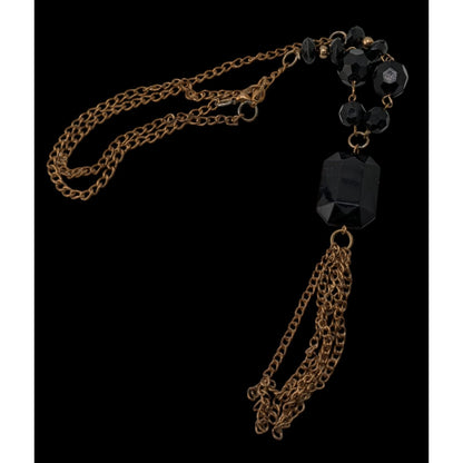 Gold-Tone Chain Necklace With Black Beads And Tassel Pendant