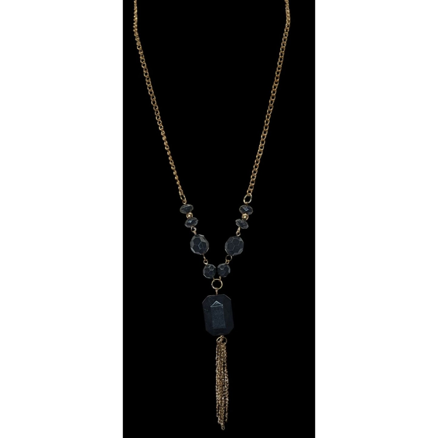 Gold-Tone Chain Necklace With Black Beads And Tassel Pendant