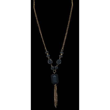 Gold-Tone Chain Necklace With Black Beads And Tassel Pendant
