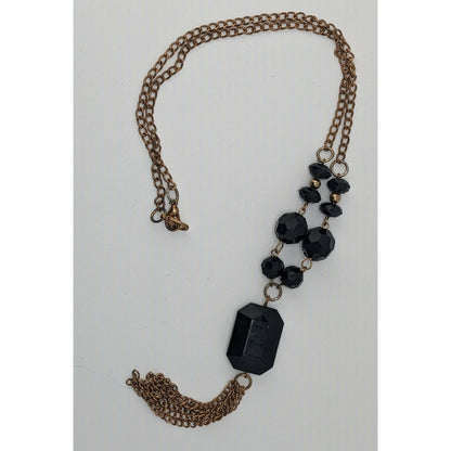 Gold-Tone Chain Necklace With Black Beads And Tassel Pendant