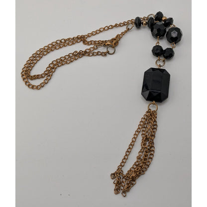 Gold-Tone Chain Necklace With Black Beads And Tassel Pendant