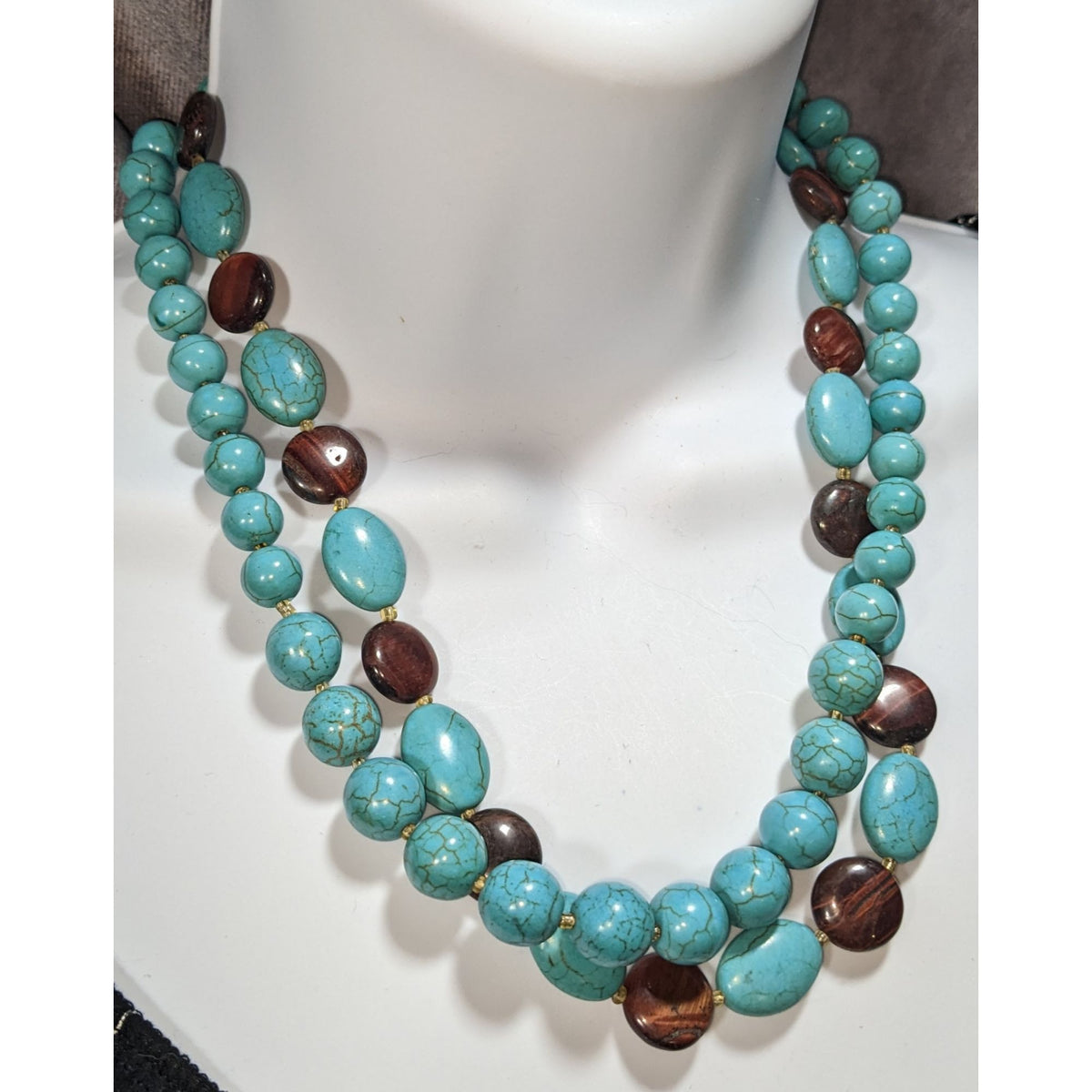 Boho Southwestern Turquoise Tiger Eye Double Strand Statement Necklace