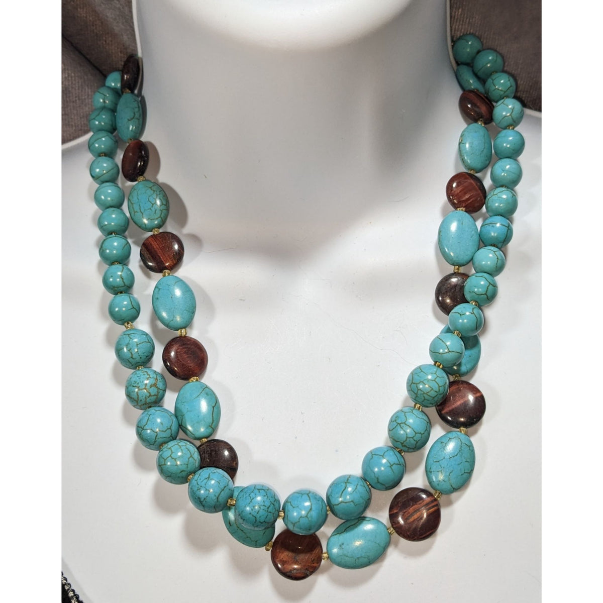 Boho Southwestern Turquoise Tiger Eye Double Strand Statement Necklace