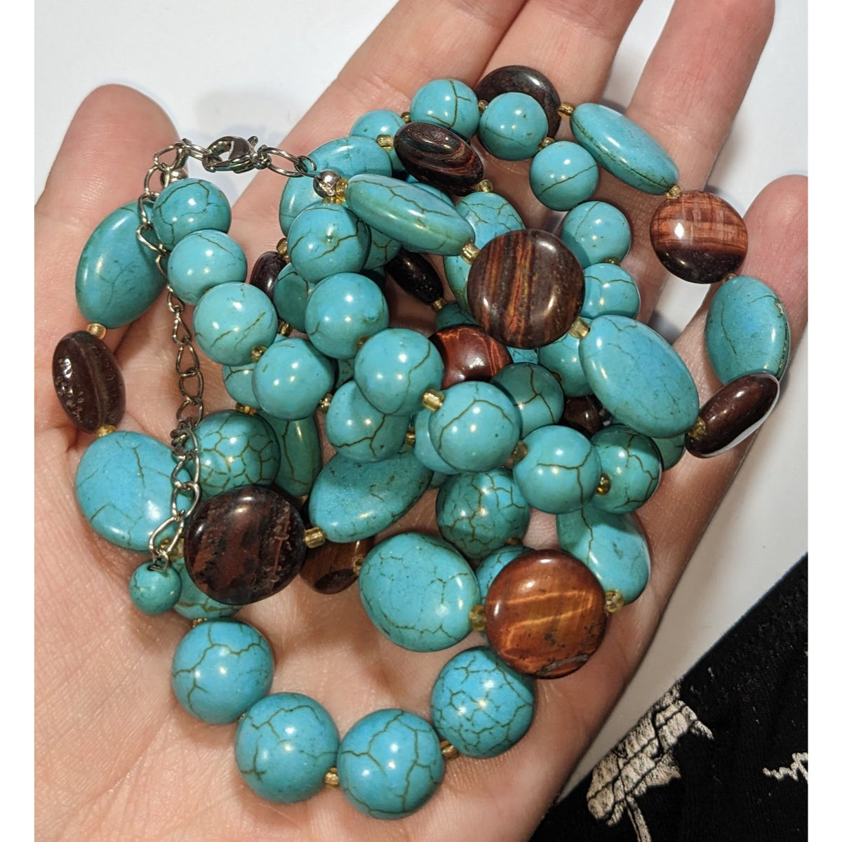 Boho Southwestern Turquoise Tiger Eye Double Strand Statement Necklace