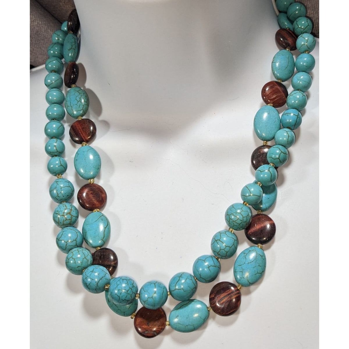 Boho Southwestern Turquoise Tiger Eye Double Strand Statement Necklace